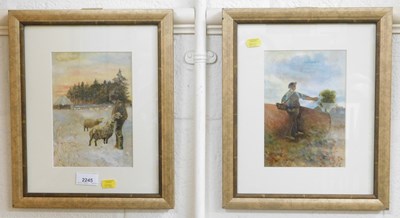 Lot 2245 - Two oil paintings of farming scenes, a man...