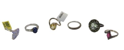 Lot 99 - Six dress rings, each stone set, white metal...