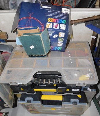 Lot 1097 - A large bench vice, various toolboxes...