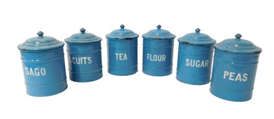 Lot 345 - Six mid century blue enamel kitchen jars and...