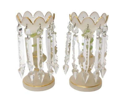 Lot 356 - A pair of Victorian milk glass lustres, each...