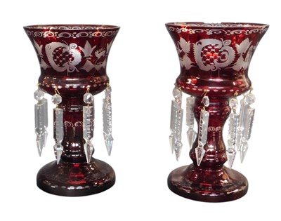 Lot 406 - A pair of Victorian ruby flash glass lustres,...