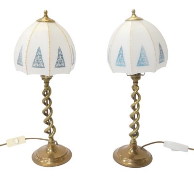 Lot 374 - A pair of 20thC brass table lamps, each with a...