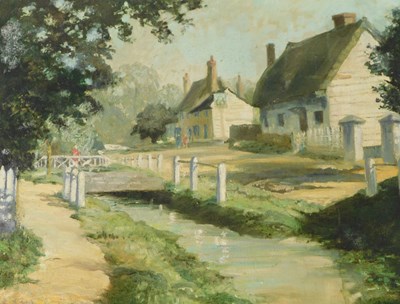 Lot 102 - J S Duncan (20thC). Village river scene, oil...