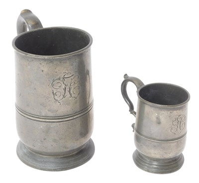 Lot 426 - Two 19thC pewter tankards, each initial...