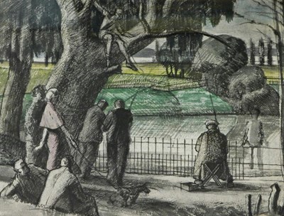 Lot 136 - A D H Cary. Fishing in the park, watercolour,...