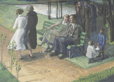 Lot 138 - A D H Cary. Park scene, figures on a bench,...