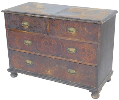 Lot 589 - A 19thC stained pine pokerwork chest, the top...