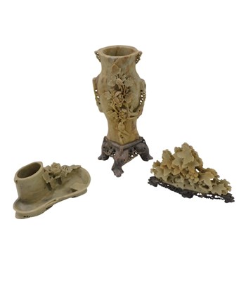 Lot 306 - Carved soapstone, comprising a vase on ornate...