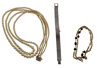 Lot 422 - A gold plated necklace, a two strand cultured...