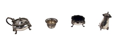Lot 482 - A three piece silver condiment set, etc.,...