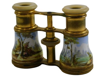 Lot 525 - A pair of 19thC gilt metal and enamelled opera...