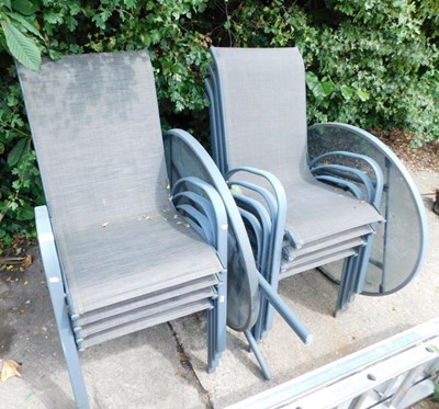 Lot 1593 - Eight grey painted metal garden chairs, with...