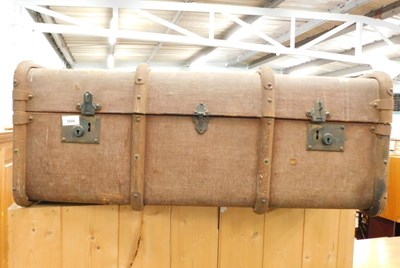 Lot 1608 - A wood and fibre travelling trunk, with brass...