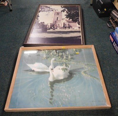 Lot 2073 - A framed print of two swans, and a large...