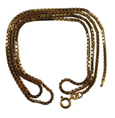 Lot 418 - A 9ct gold box link neck chain, 60cm long,...