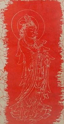 Lot 736 - A 20thC Oriental print of Guan Yin, in red,...