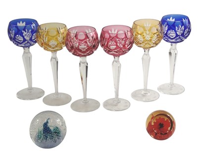 Lot 893 - A Harlequin set of six cut glass hock glasses,...