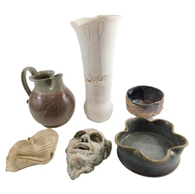 Lot 271 - A Studio pottery mask, a crimped vase, a jug...