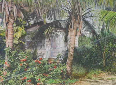 Lot 370 - 20thC School. Cottage with palm trees,...