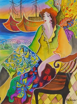 Lot 373 - Patric (20thC). Lady seated - boats,...