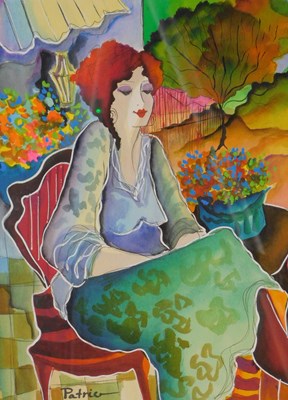 Lot 374 - Patric (20thC). Lady seated - flower,...