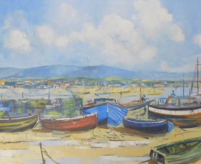 Lot 377 - Leo Toye (b.1940). Harbour scene with fishing...