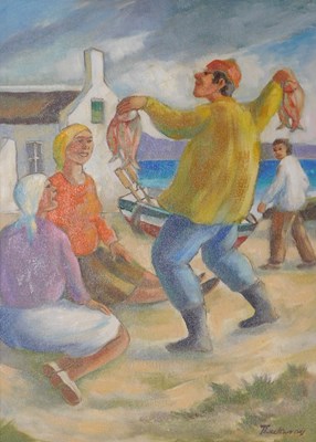 Lot 387 - Thackery (20thC). People on beach, oil on...