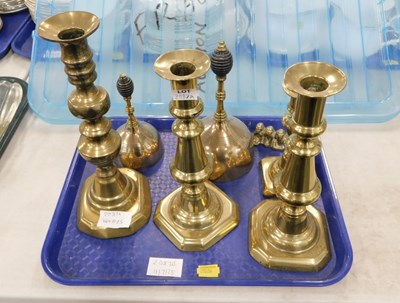 Lot 2087a - Brass candlesticks, bells, and three wise...