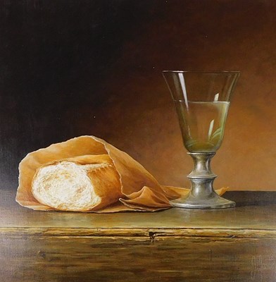 Lot 450 - J Mastin. Bread and wine still life, oil on...