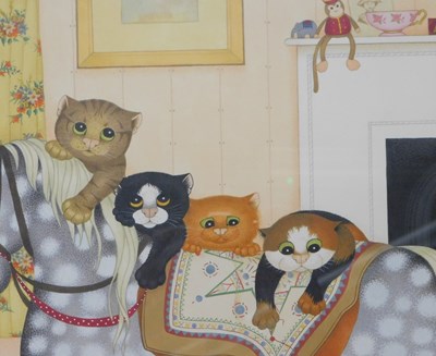 Lot 403 - Linda J Smith. Cats on rocking horse,...