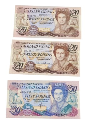 Lot 108 - Two Falkland Islands twenty pound banknotes,...