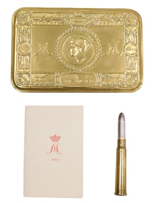 Lot 260 - A WWI Princess Mary brass Christmas tin 1914,...