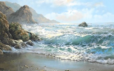 Lot 259 - W James (British late 20thC). Waves crashing...