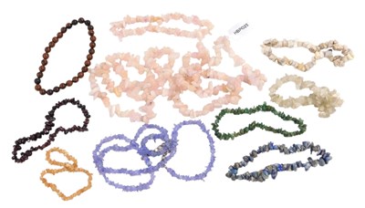 Lot 591 - Seven agate bracelets, rose quartz necklace...