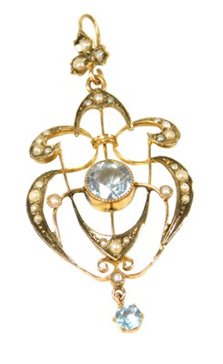Lot 568 - An Edwardian aquamarine and seed pearl pendant,...