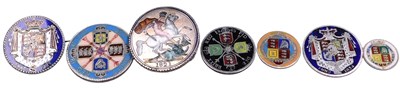 Lot 331 - Six 19thC enamelled silver coins, two with...