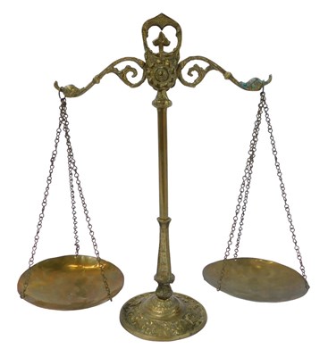 Lot 129 - A pair of 20thC brass balance scales, 44cm high.