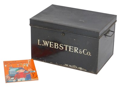 Lot 198 - A Victorian black painted tin deed box, sign...