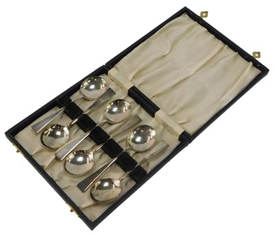 Lot 414 - A set of six George VI silver coffee spoons,...