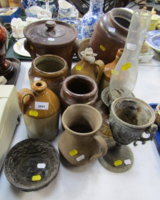 Lot 2041 - Stoneware pots and flagons, some with handles,...