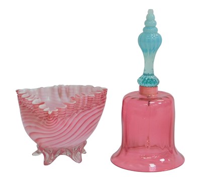 Lot 504 - A Victorian cranberry glass bell, with a blue...
