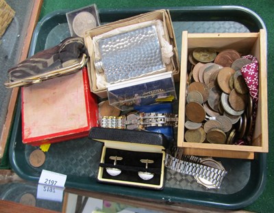 Lot 2197 - A group of coins, watches, a pewter hip flask,...