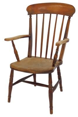 Lot 655 - A 19thC elm Grandfather chair, spindle back,...