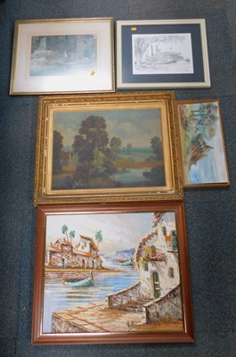 Lot 2277 - A gilt framed countryside scene, pictures and...