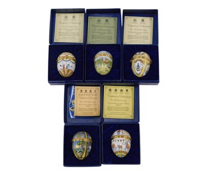 Lot 275 - Five Halcyon Days enamel Easter egg pill boxes,...