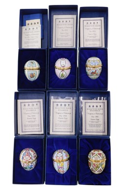 Lot 277 - Six Halcyon Days enamel Easter egg pill boxes,...