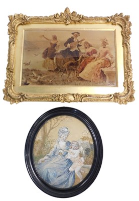 Lot 717 - An oval embroidery of mother and child, 18cm x...