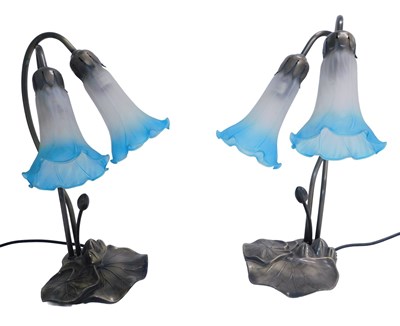 Lot 719 - A pair of late 20thC Tiffany style table lamps,...