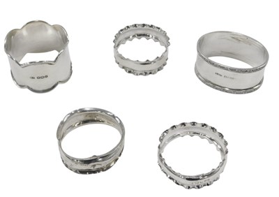 Lot 766 - Five various silver napkin rings, 2.22oz.